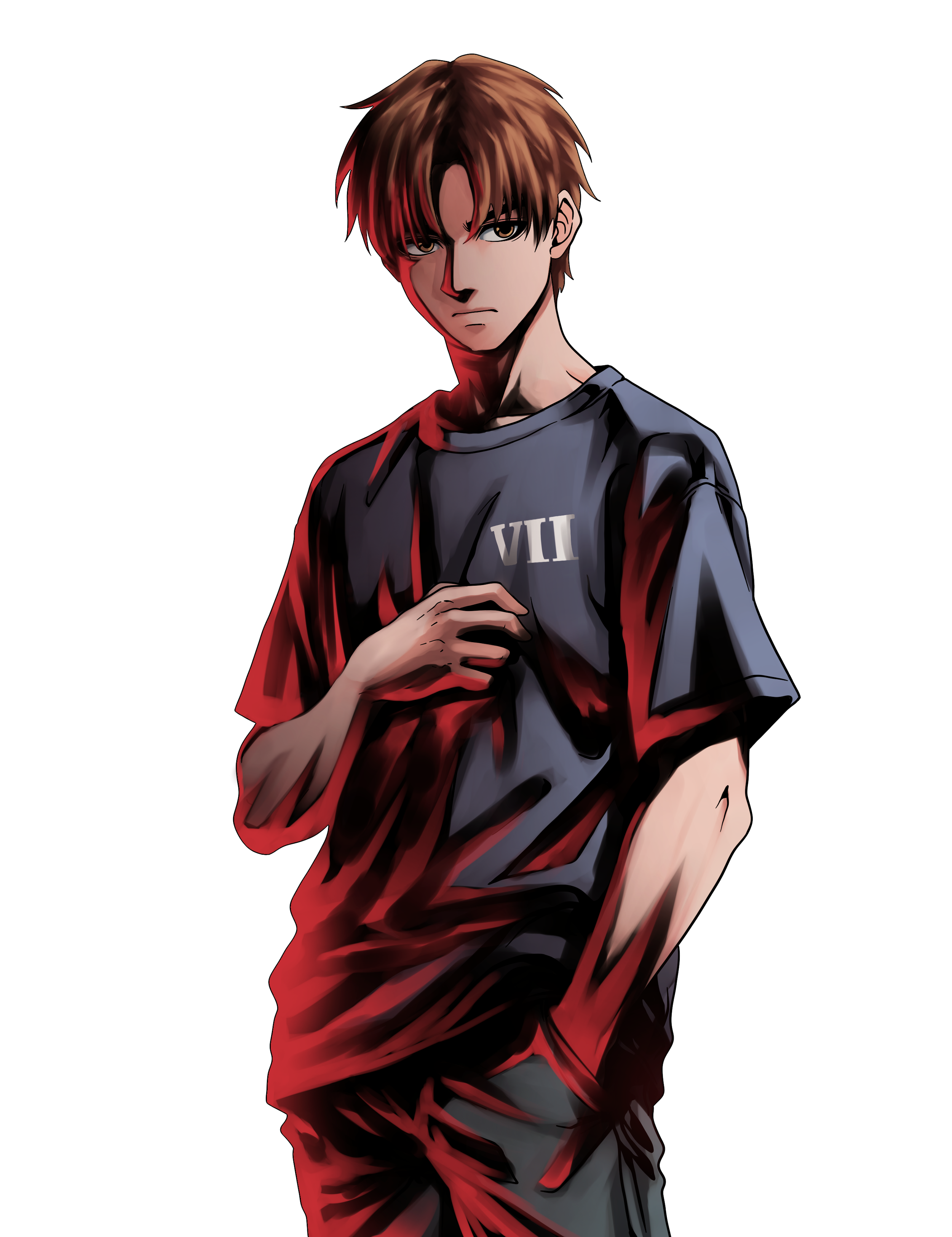 Ein junger Mann in einem grauen T-Shirt mit der Nummer VII, der nachdenklich aussieht, in einer digitalen Anime- oder Comic-Style Illustration.