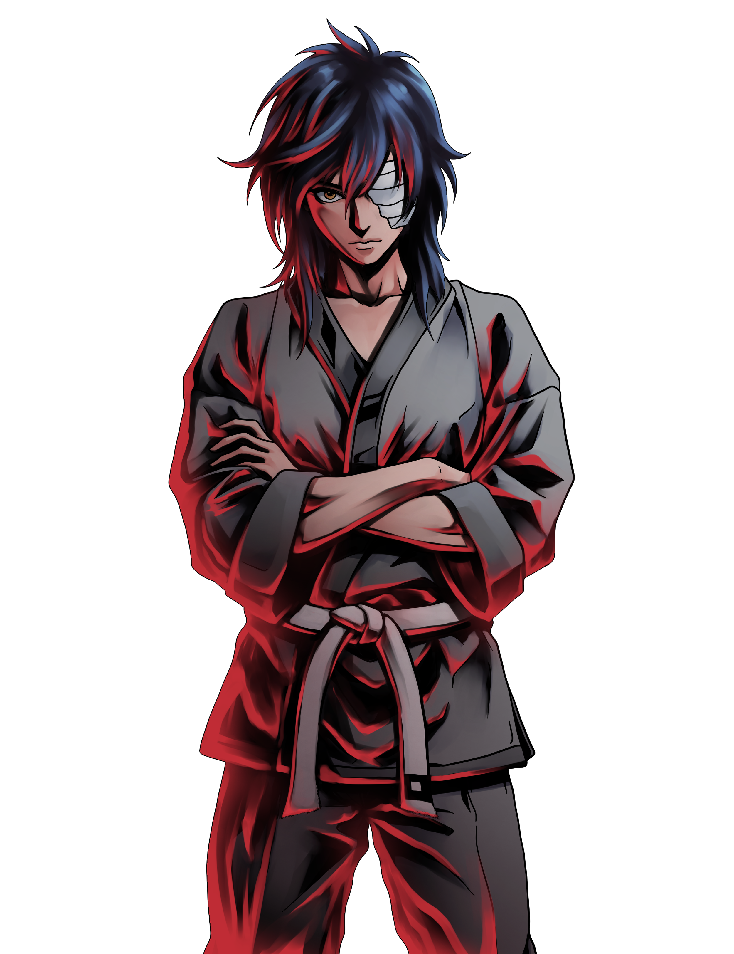 Digitaler Anime-Charakter mit schwarzen, roten und blauen Haaren, Kopfschmuck über dem rechten Auge, in Karate-Uniform mit verschränkten Armen, mit rotem Licht beleuchtet.