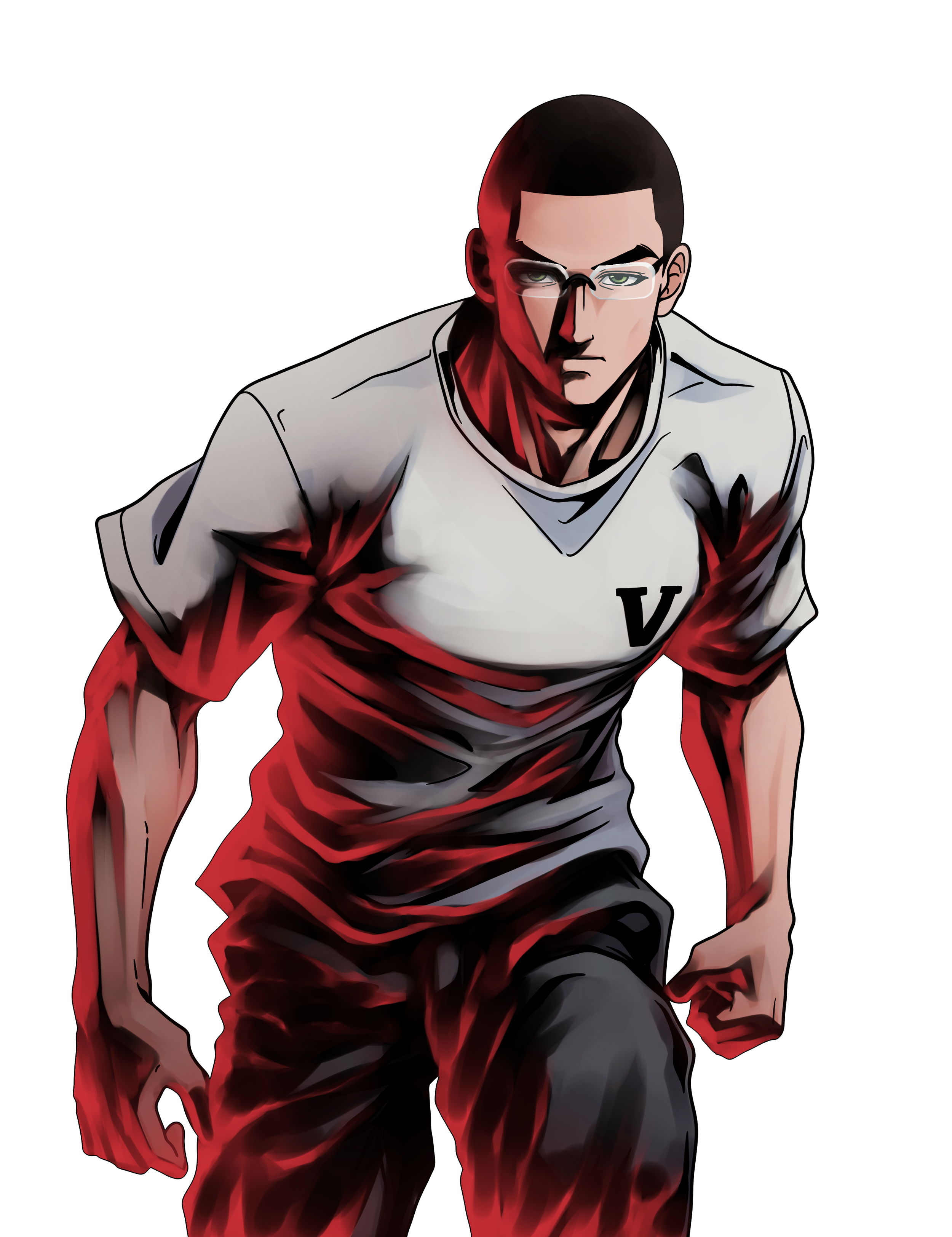 Ein junger Mann mit Brille läuft nach vorne, trägt ein weißes T-Shirt mit einem schwarzen 'V' und hat eine ernsthafte Miene.