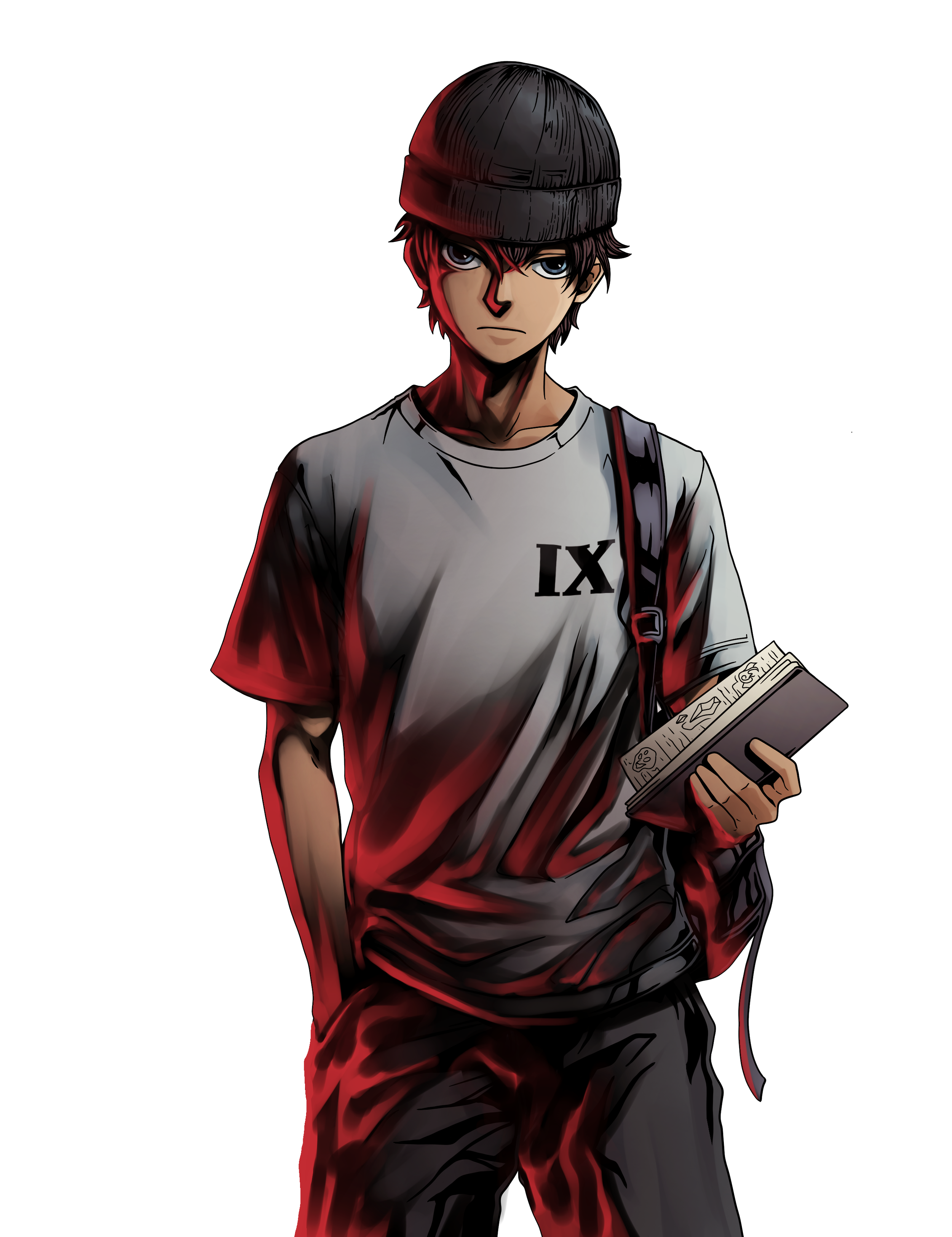 Zeichentrickfigur eines jungen Mannes mit dunklem Hut, grauem T-Shirt mit 'IX' und schwarzer Tasche, hält ein Buch, auf dunklem Hintergrund.