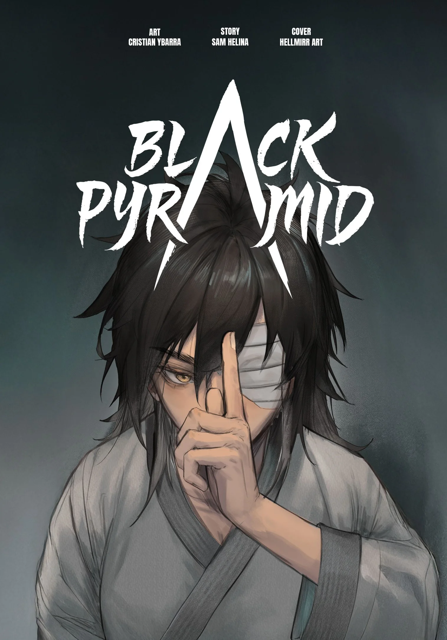 Comic-Book-Cover mit einem männlichen Charakter mit schwarzen Haaren, einem weißen Band im Gesicht, der die Hand vor den Mund hält, und dem Titel ‚Black PurpImid‘ in großen weißen Buchstaben.