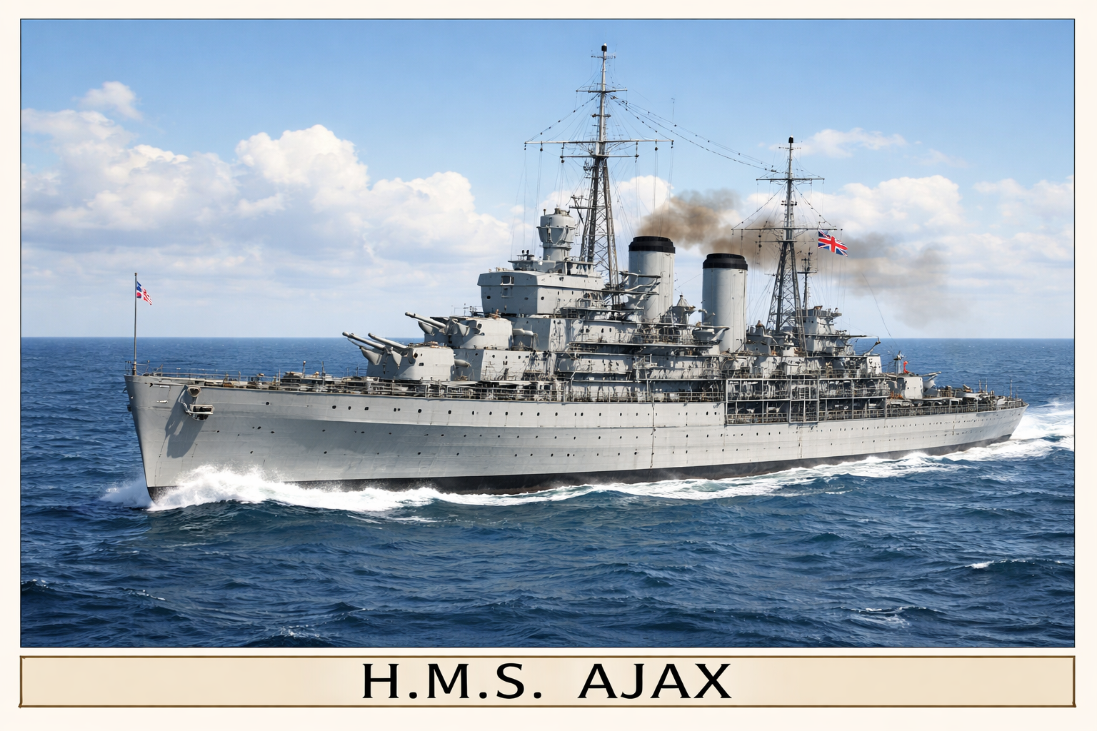 A large gray battleship named H.M.S. Ajax sailing in the ocean under a partly cloudy sky, with two large smoke stacks emitting black smoke, two masts with rigging and flags, including the Union Jack, and multiple gun turrets along the sides.