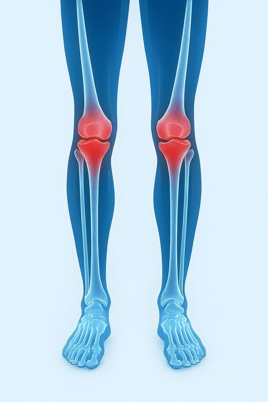 Ilustración de las articulaciones de las rodillas con áreas enrojecidas que indican inflamación o dolor.