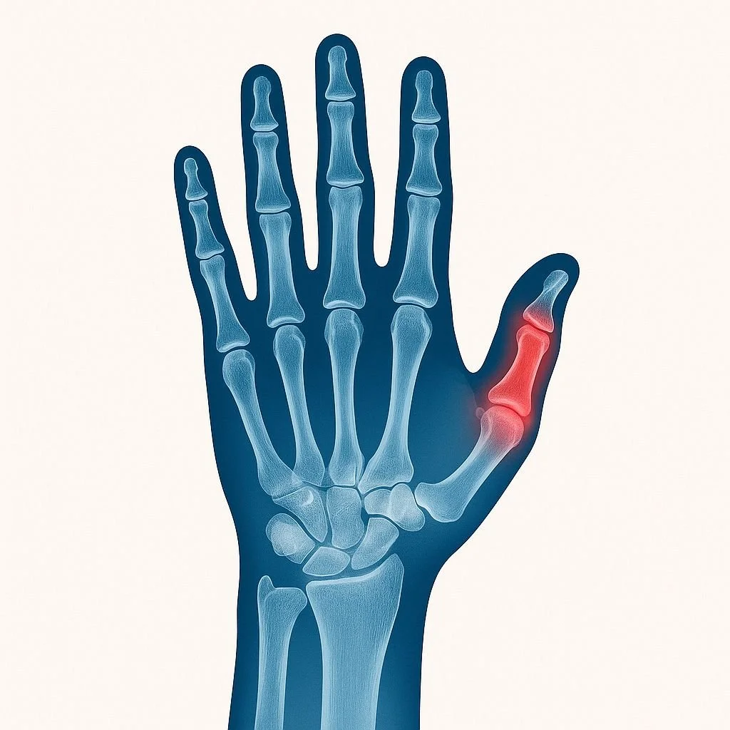Imagen de una radiografía de mano con una fractura en la falange del pulgar resaltada en rojo.