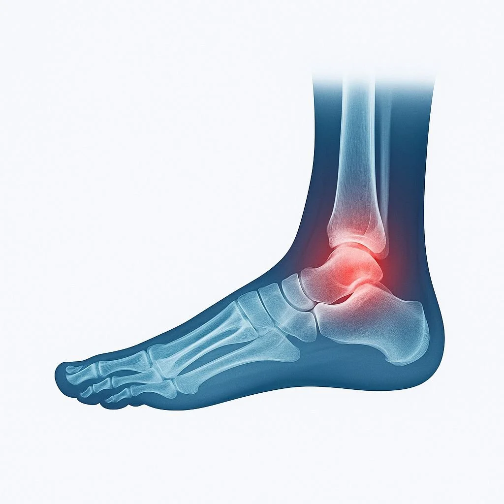 Ilustración médica de un pie humano con inflamación y dolor en el tobillo, resaltado en rojo