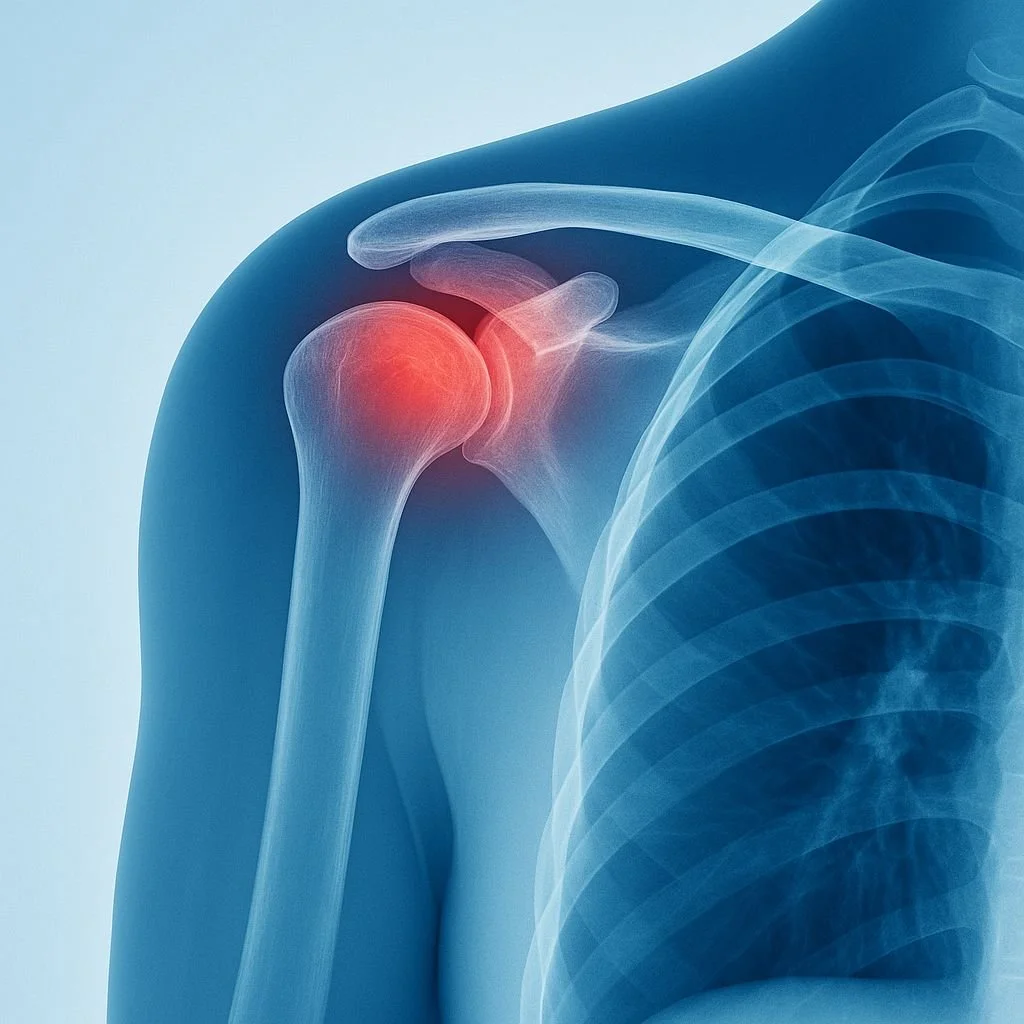 Vista de radiografía del hombro mostrando inflamación o lesión en la articulación del hombro, resaltada en color rojo.