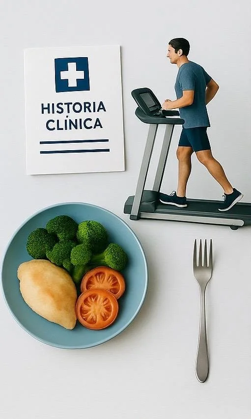Una clínica de historia con un hombre corriendo en una caminadora, un plato con brócoli, una porción de pollo y tomate, y un tenedor al lado.