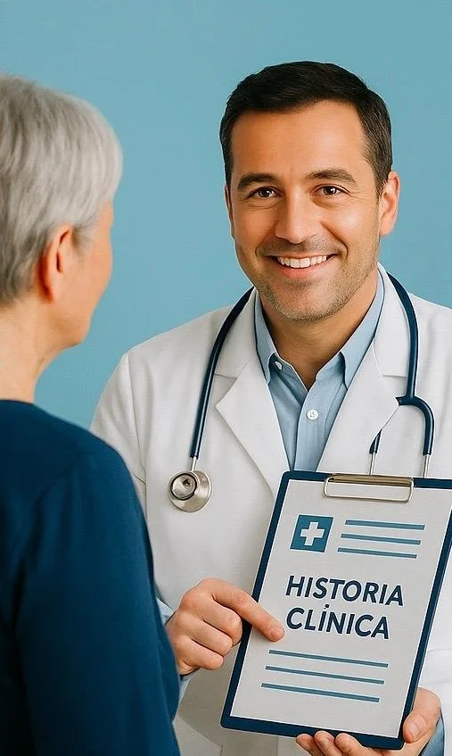 Un doctor sonriente de pelo oscuro y camisa azul, con estetoscopio, sosteniendo un portapapeles que dice 'Historia Clínica', conversando con una paciente de cabello gris, en un consultorio médico con fondo azul.