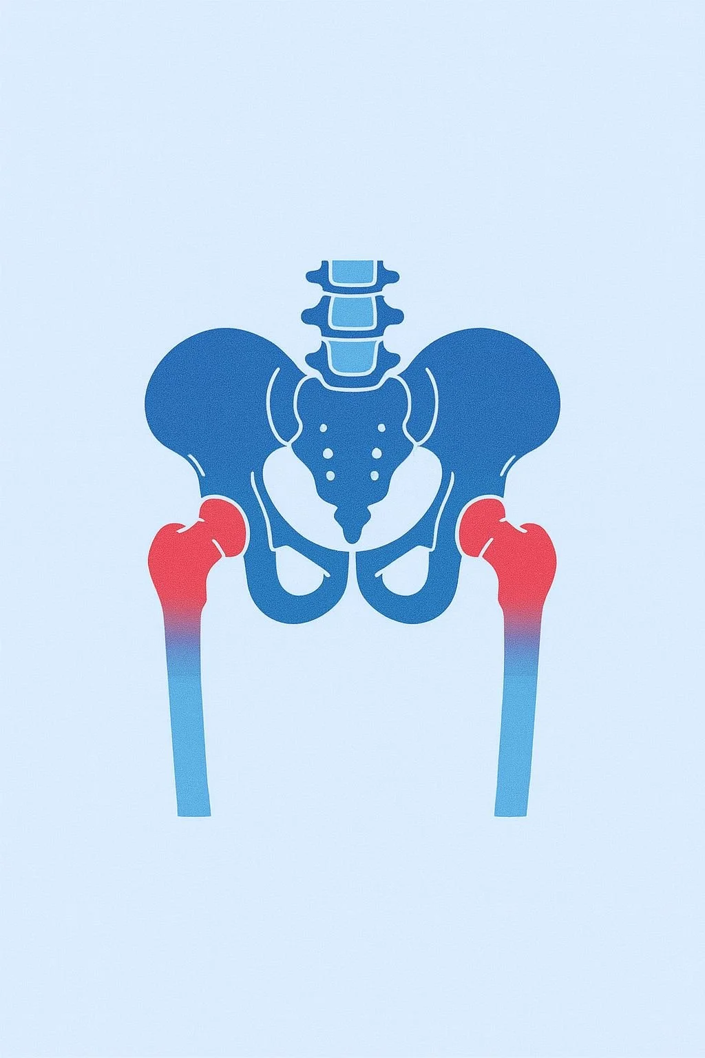 Ilustración del esqueleto pelvico, resaltando las caderas, con el énfasis en las articulaciones de la cadera en color rojo y azul.