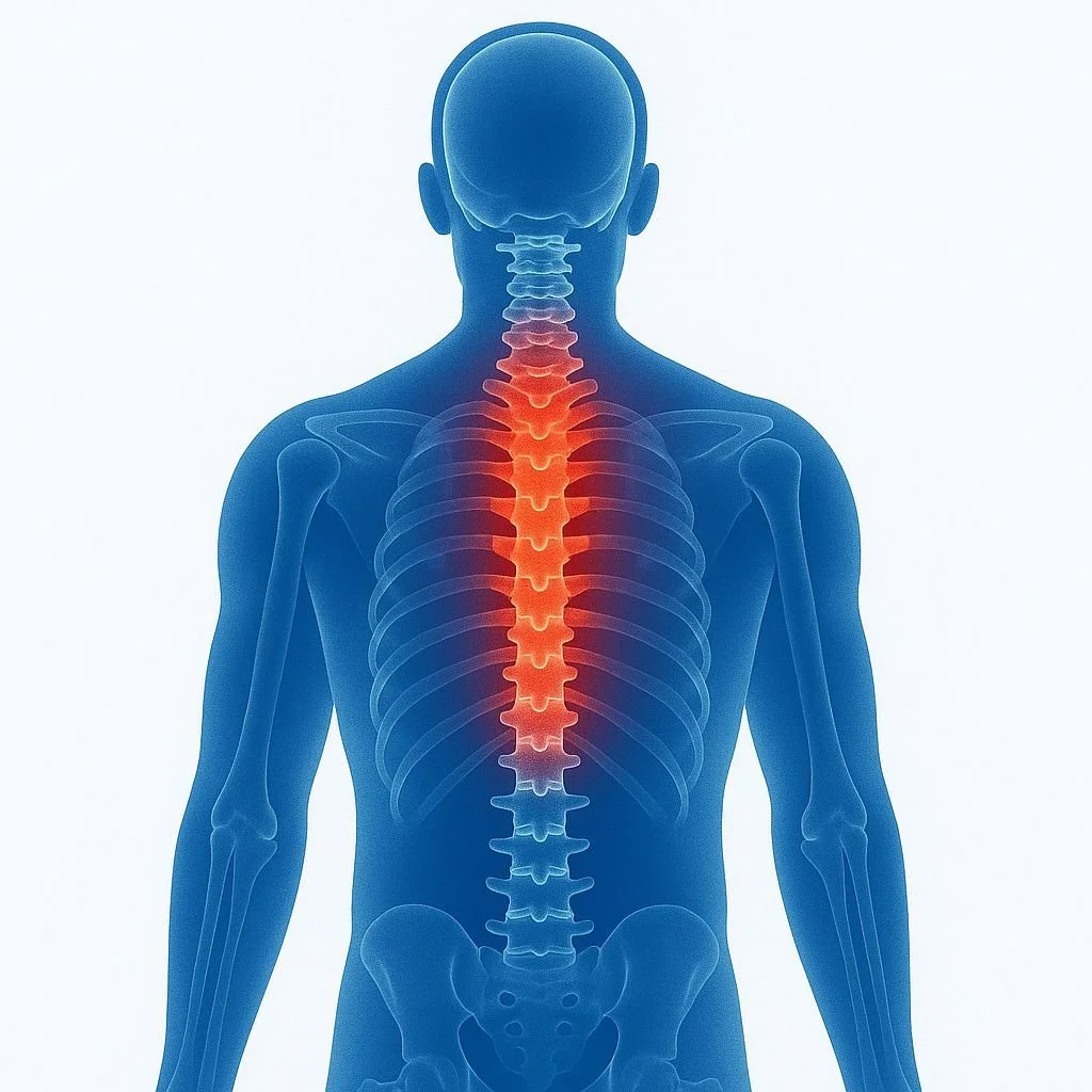 Ilustración del sistema esquelético humano que muestra la columna vertebral, con énfasis en la zona cervical, en color rojo para indicar dolor o inflamación.