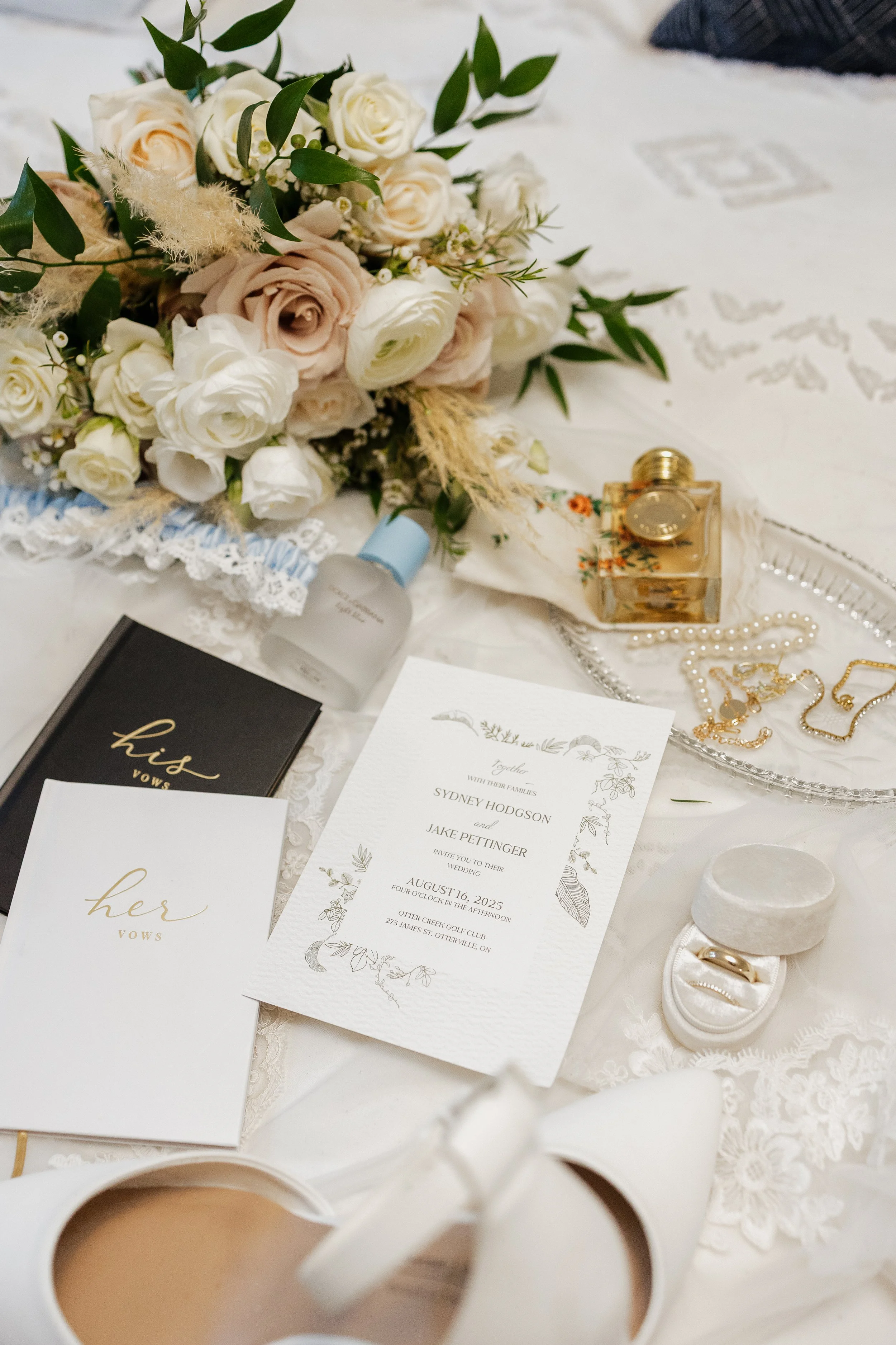 bridal detail shot with bouquet, Ontario wedding photography by James and Alyson Photography 