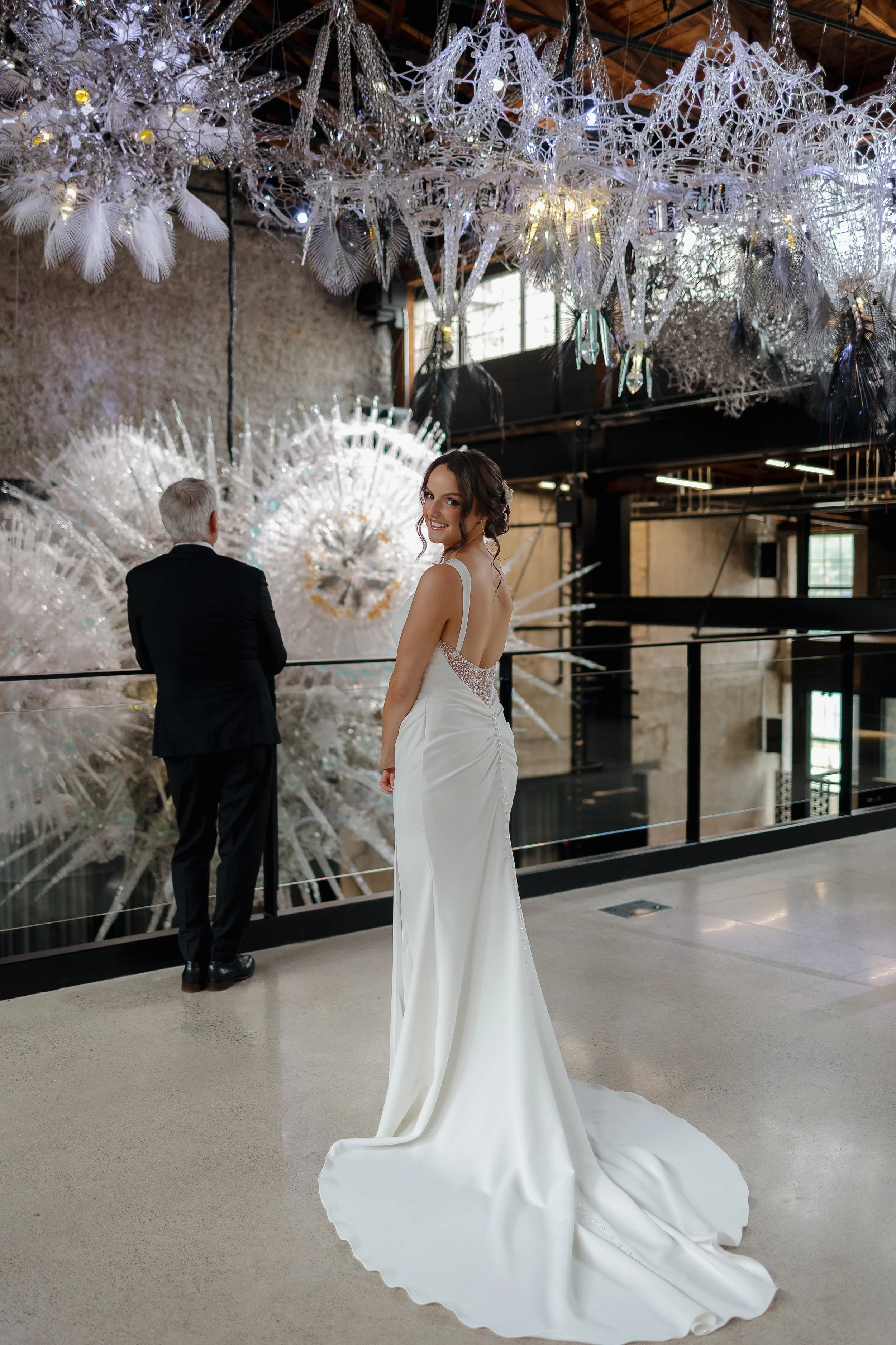 Brides first look with dad at Tapestry Hall Cambridge
