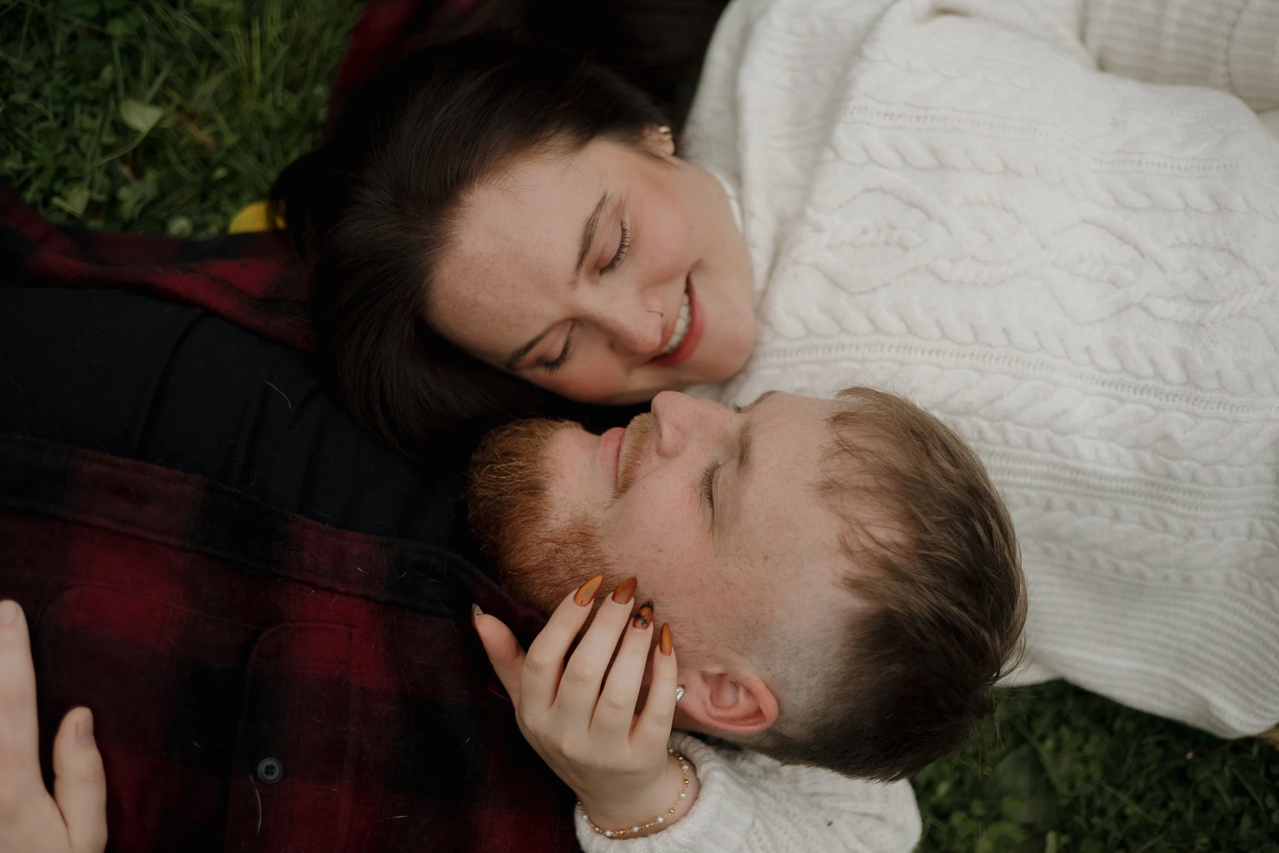 Engaged couple embracing at a Paris Ontario enag