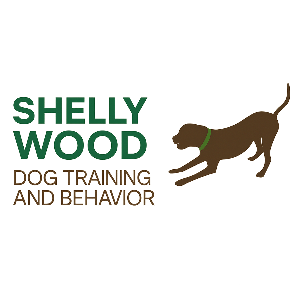A logo with the text 'Shelly Wood Dog Training and Behavior' in large, colorful letters, with a brown dog in a playful pose to the right.