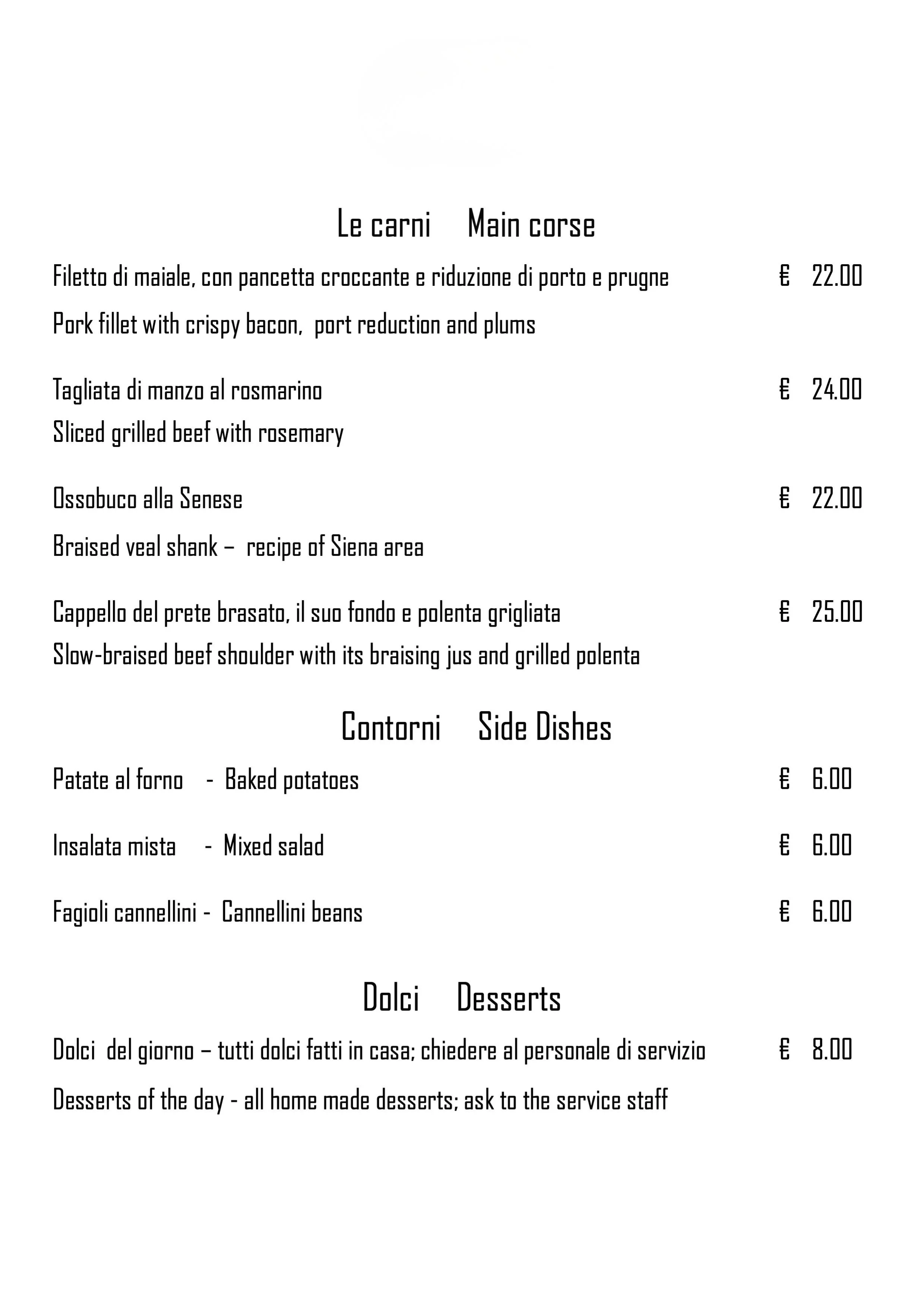 Osteria All Villa Restaurant menu featuring main courses, side dishes, and desserts with Italian dishes. An authentic meal paired with the perfect Tuscany wines.