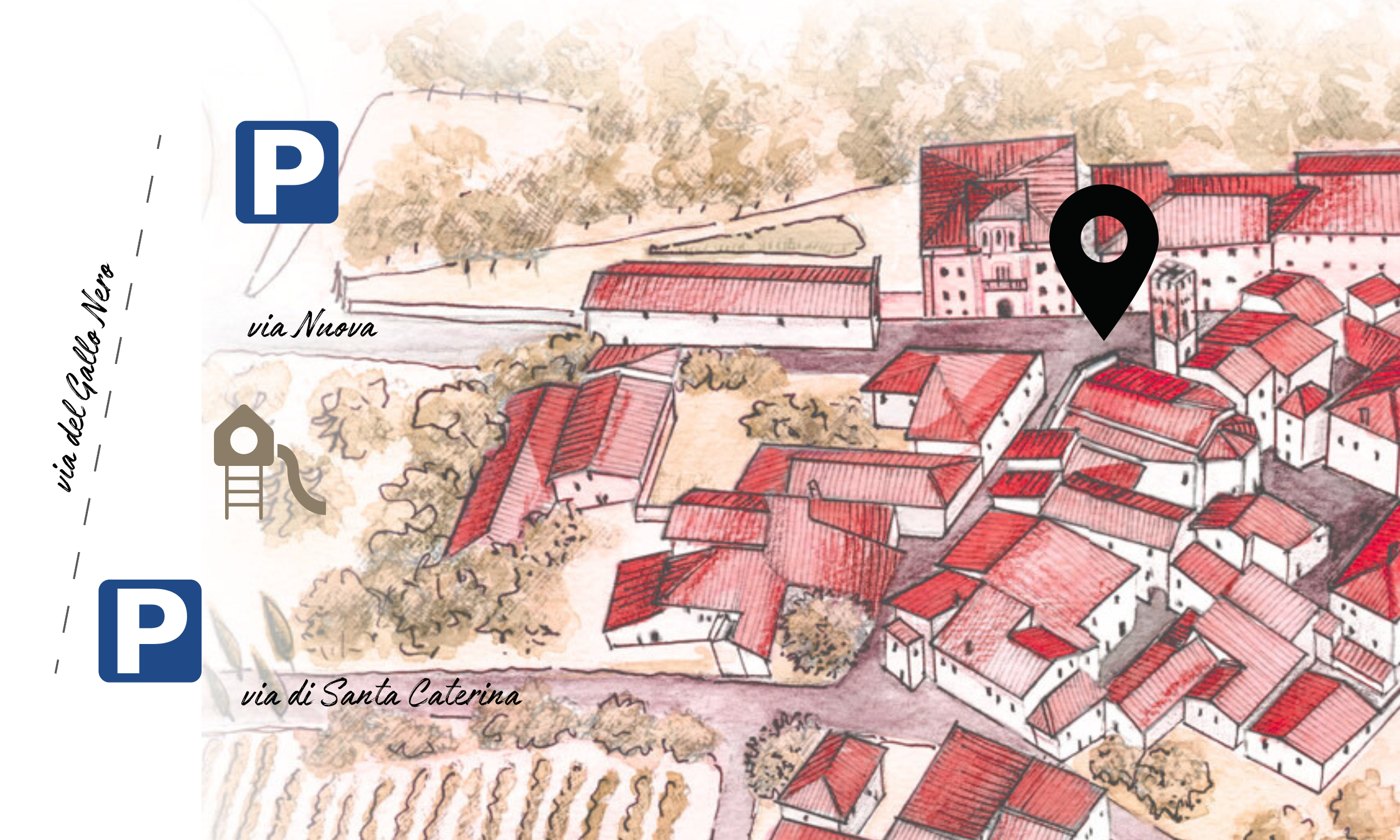A detailed map illustration of a Villa A Sesta , the village of restaurants. Find your next reservation at Osteria Alla Villa for the best local food and wine experience in Tuscany.