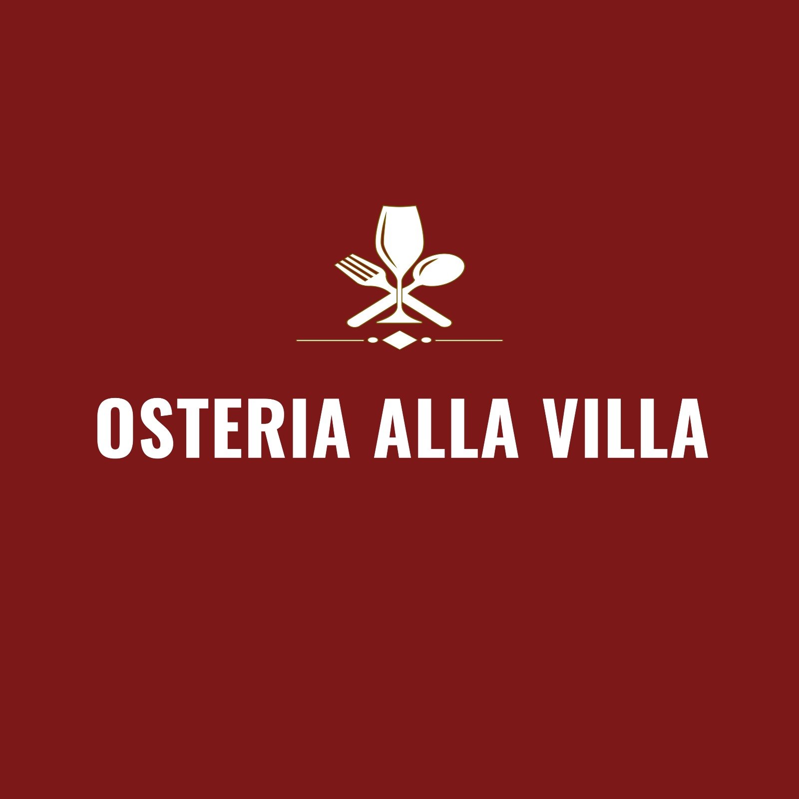Logo for Osteria Alla Villa Restaurant featuring a stylized fork, wine glass, and spoon above the restaurant name on a dark red background. A modern Tuscan restaurant with excellent service.