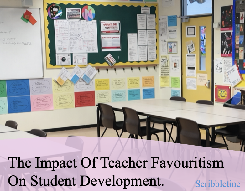 Classroom with bulletin board, colorful posters, and empty tables and chairs for students.