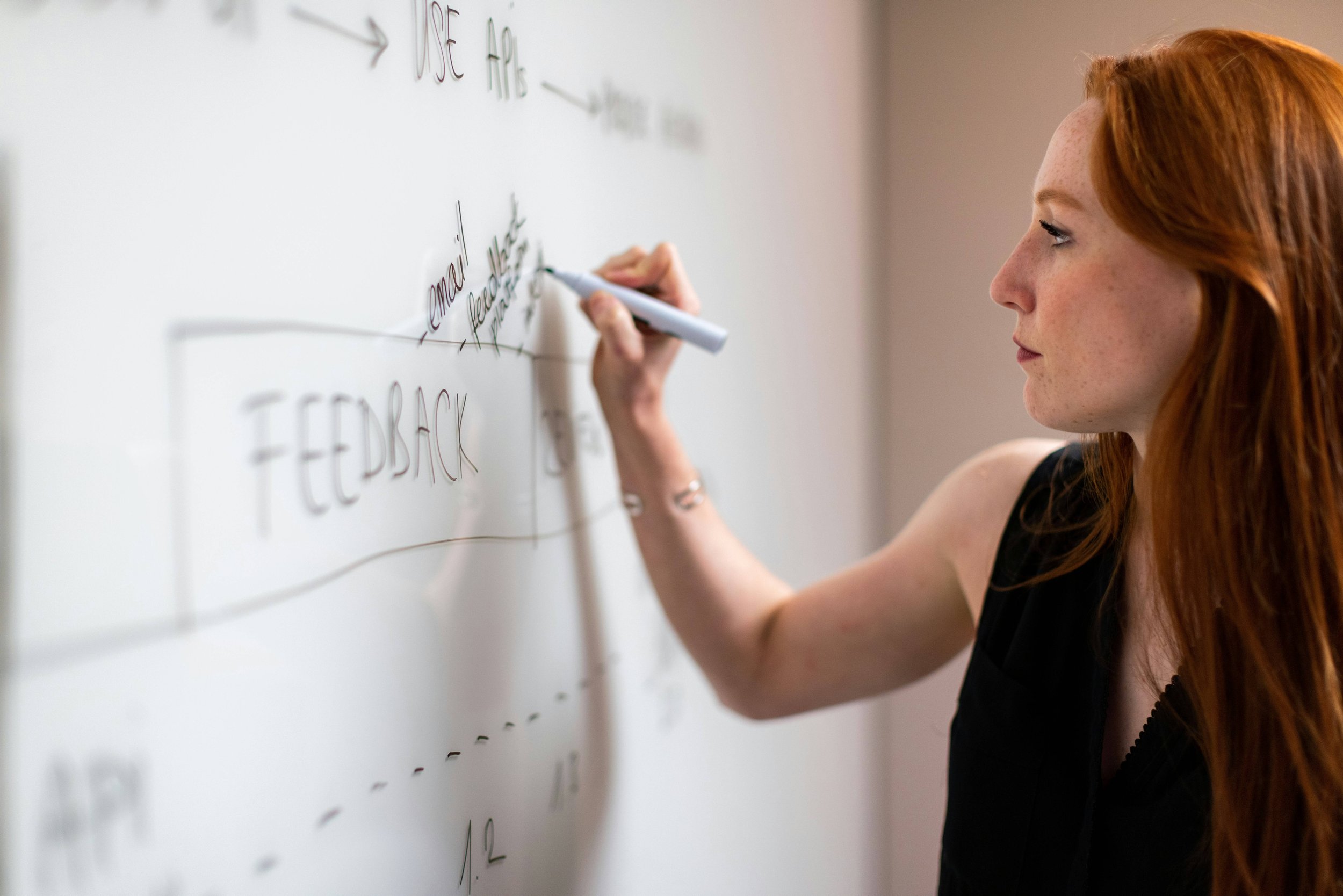 Woman red hair writing strategy on whiteboard