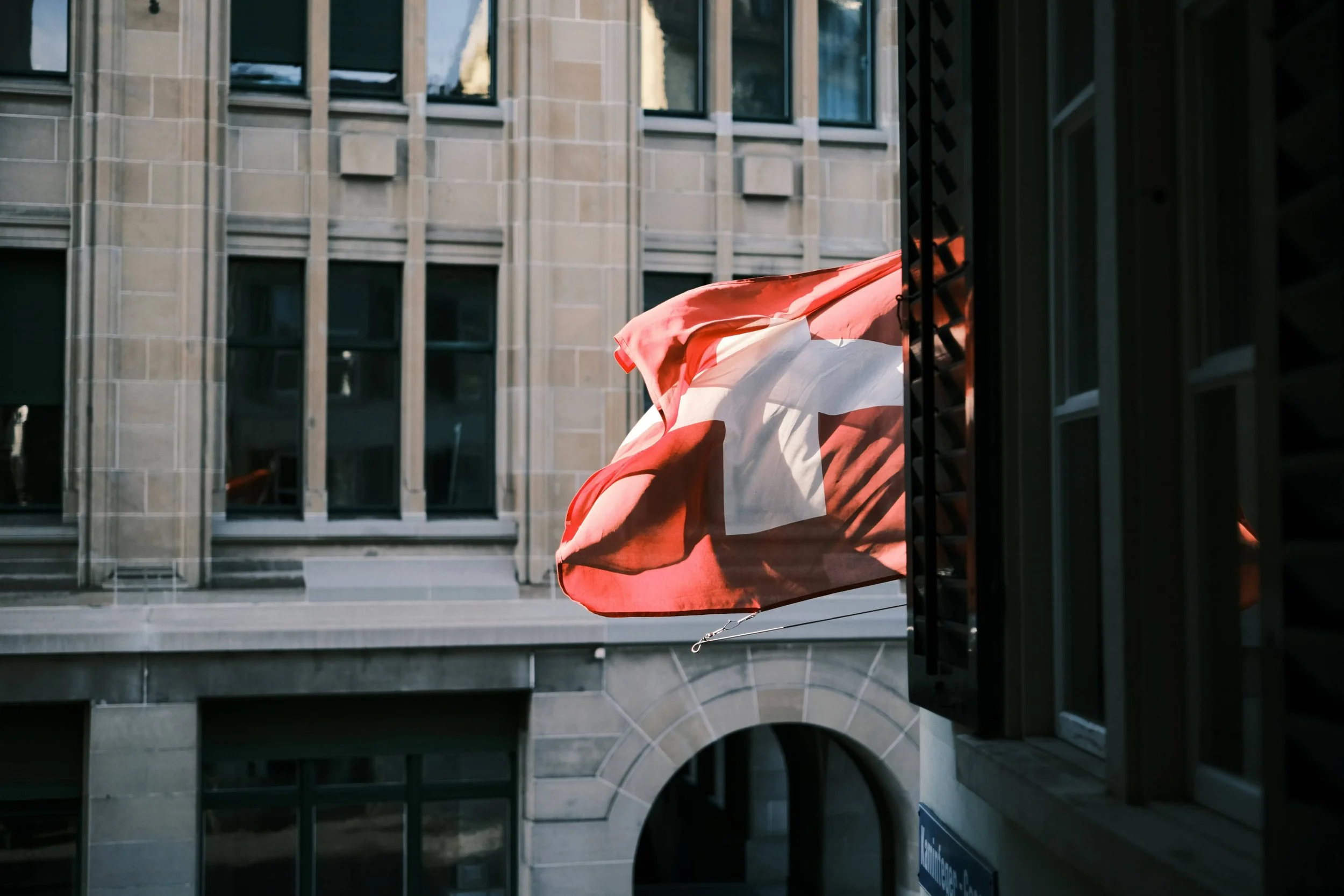 Zurich office building swiss flag showing
