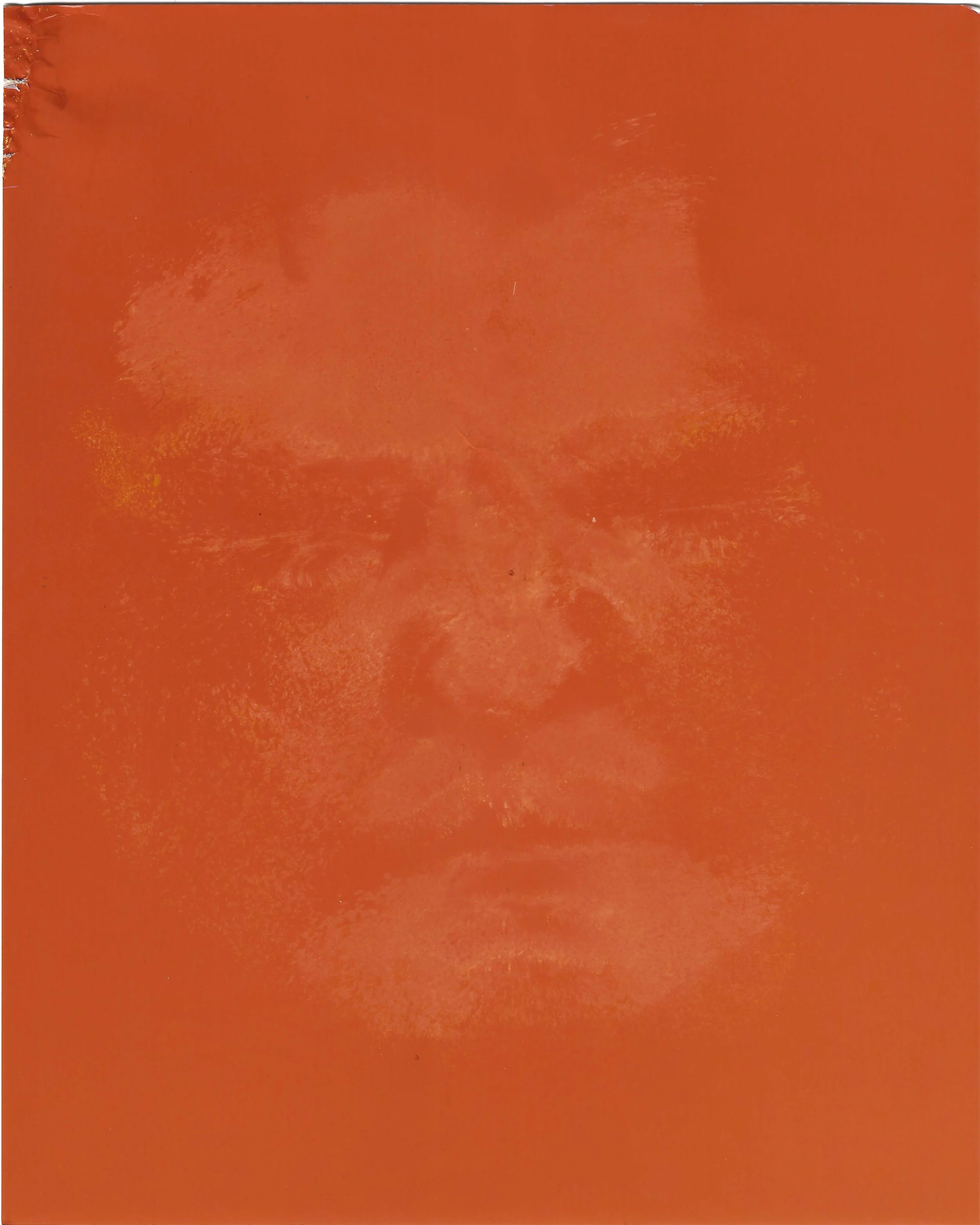 A red and orange cameraless photograph of the artist's face.