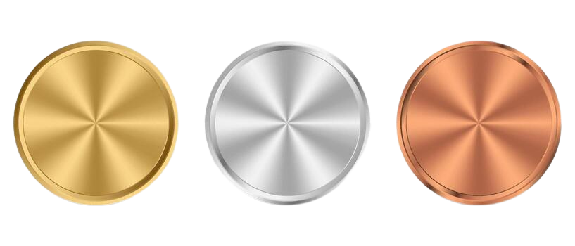 Three metallic buttons in gold, silver, and bronze colors arranged horizontally.
