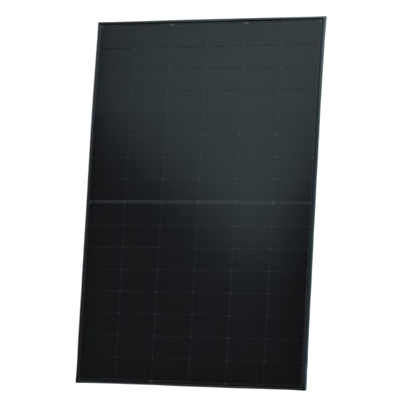 A black solar panel tilted at an angle, with a black background.
