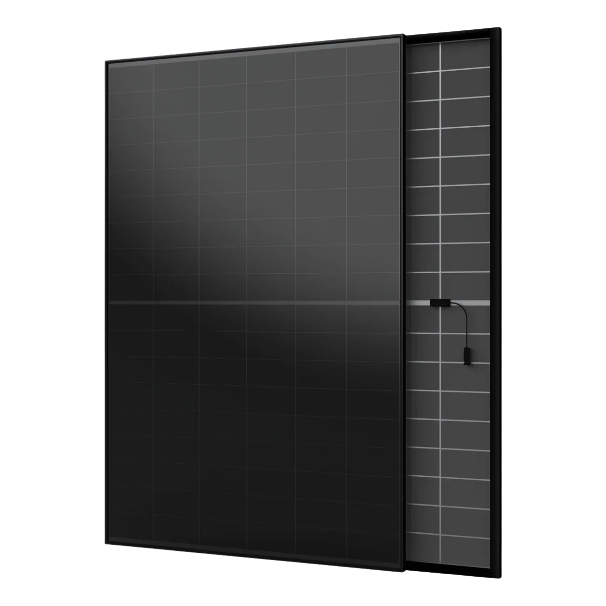 Black monocrystalline solar panel with a black frame, leaning against a grey wall with a black power cord hanging from the wall.