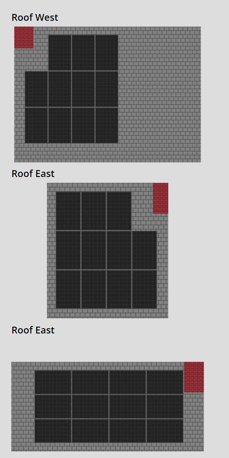 Diagram of a building roof with solar panels, showing different elevation views labeled as "Roof West" and "Roof East". The solar panels are black and grid-like, with red brick sections in the upper corners.