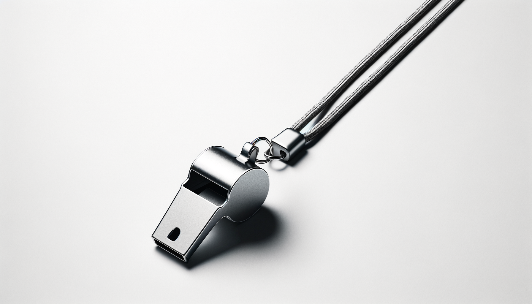 A silver whistle attached to a black lanyard lying on a white surface.