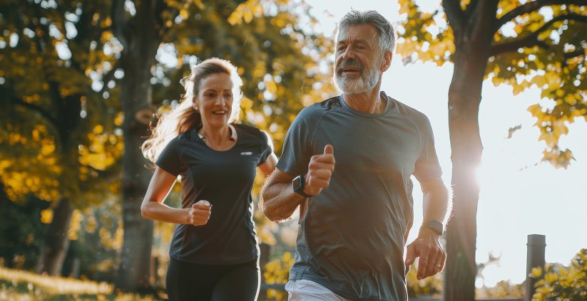 A man and a woman jogging outdoors in a park during autumn.
