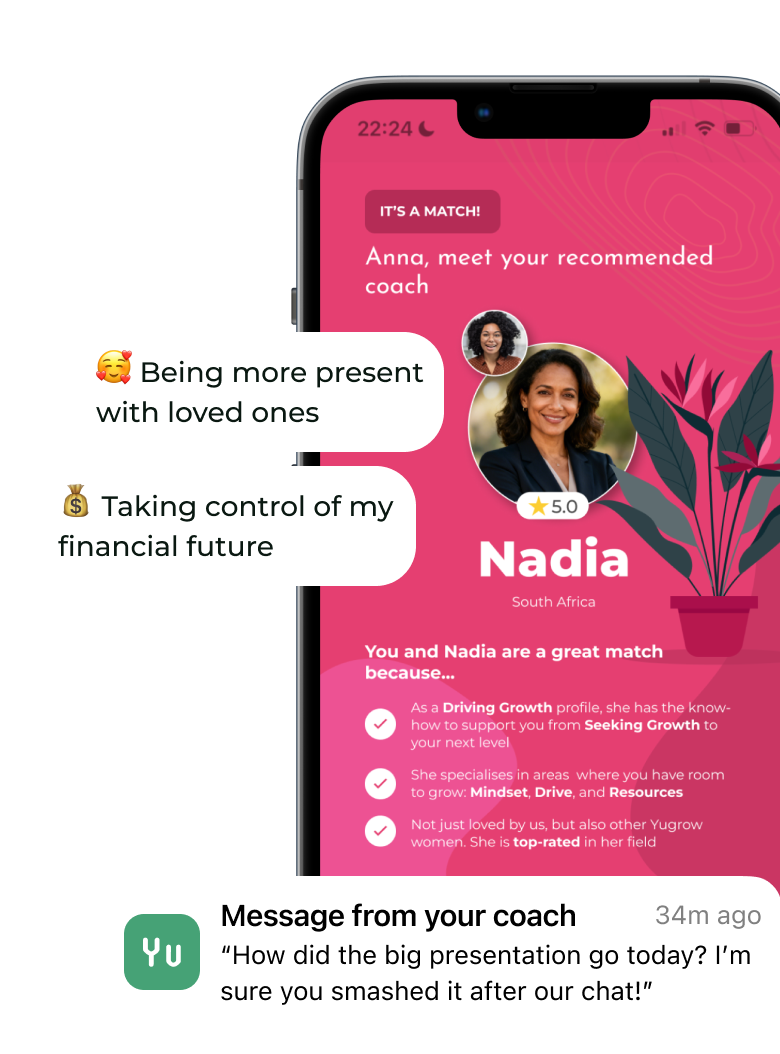 Smartphone screen displaying a match with a relevant coach from South Africa, including their profile picture, details about her coaching profile; also shows a message thread with a coach.