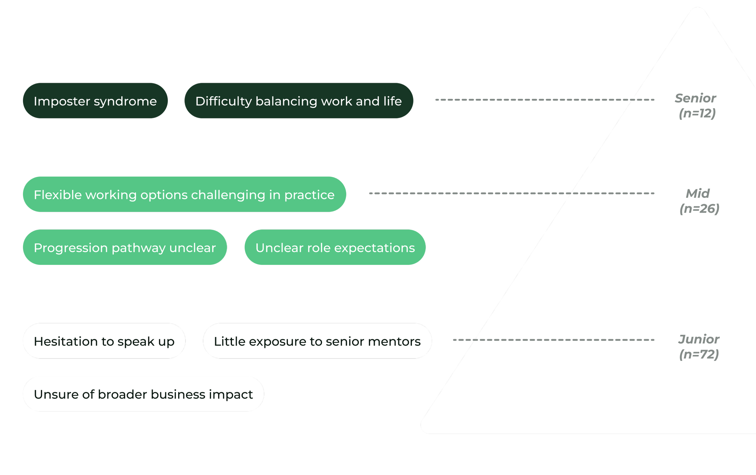 Flowchart illustrating challenges faced at different career stages: early career with hesitation and limited exposure, mid-career with role expectations and unclear pathways, and senior career with difficulty balancing work and life, all impacting professional development.