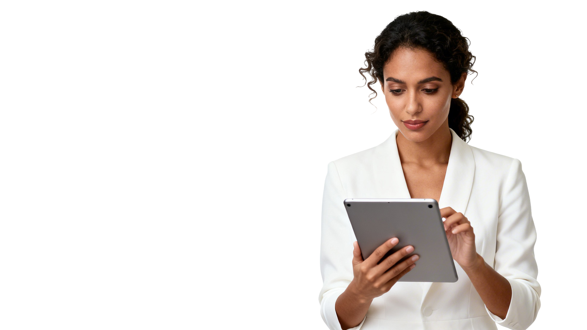 A professional woman in a white blazer looking at a gray tablet device.