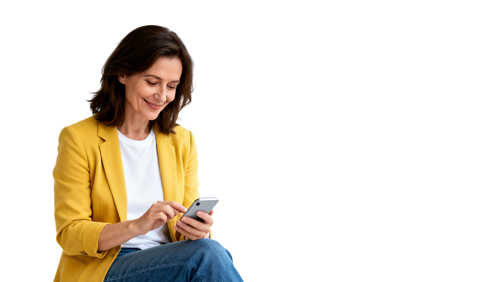 Woman in yellow blazer using smartphone.