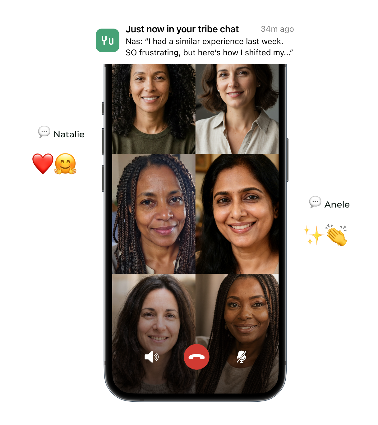 Screenshot of a video call with six women, some smiling and some looking serious, and chat messages on the side discussing a similar experience and sending emojis.