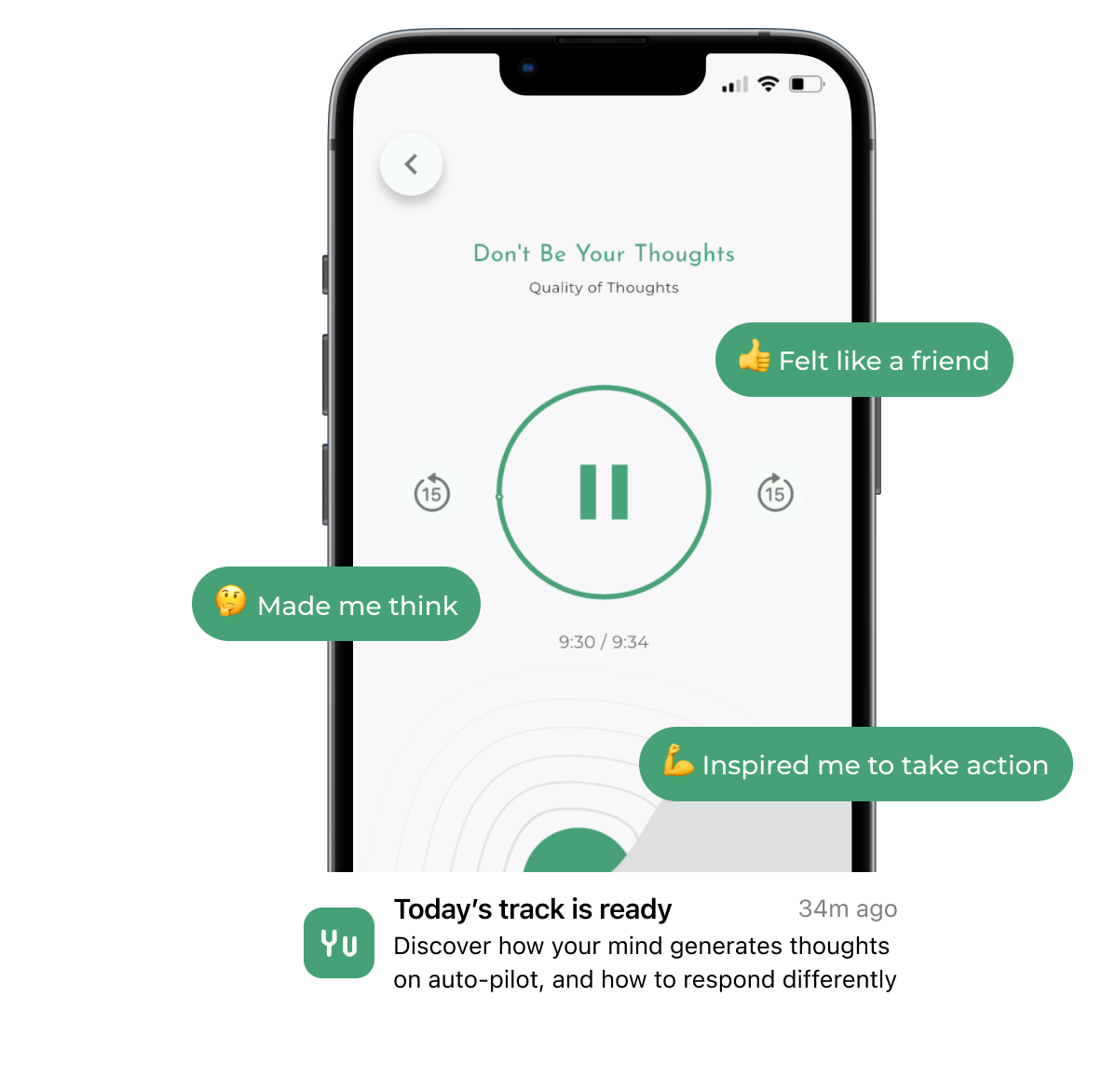 Smartphone screen displaying the daily audio snippers, with a green-and-white interface, showing motivational messages and a track alert.