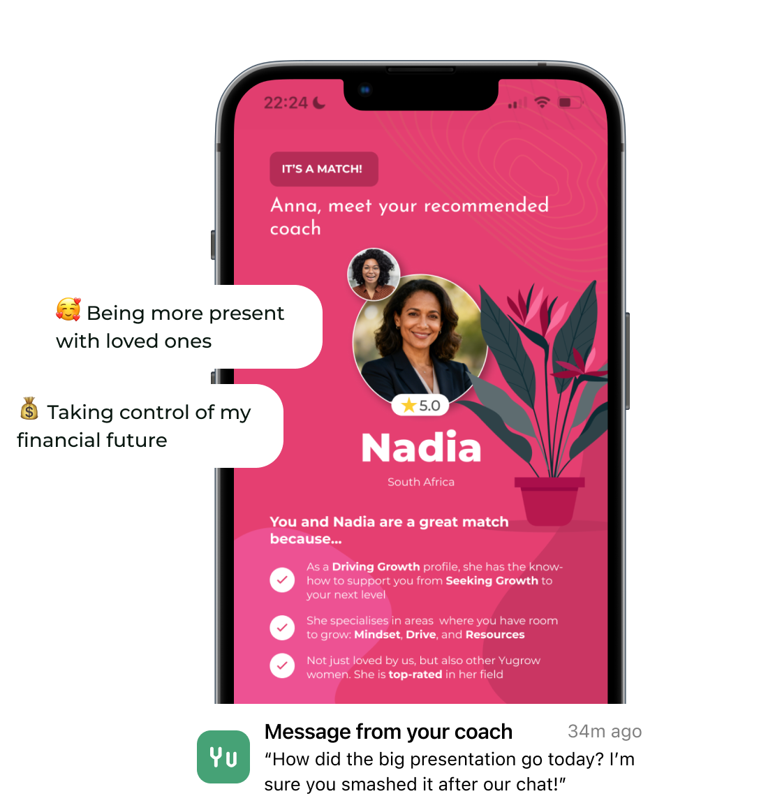 Smartphone screen displaying a match with a relevant coach from South Africa, including their profile picture, details about her coaching profile; also shows a message thread with a coach.