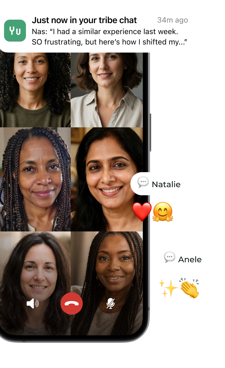 Screenshot of a video call with six women, some smiling and some looking serious, and chat messages on the side discussing a similar experience and sending emojis.