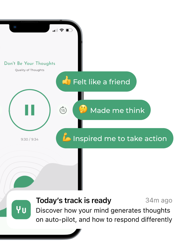 Smartphone screen displaying the daily audio snippers, with a green-and-white interface, showing motivational messages and a track alert.