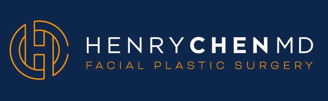 Logo for Henry Chen MD Facial Plastic Surgery with stylized initials and text on a dark blue background