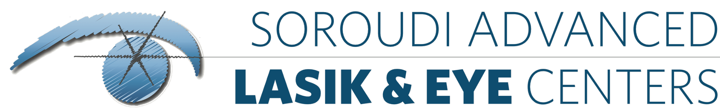 Logo for Soroud Advanced LASIK & Eye Centers featuring a stylized eye with a blue shape and lines representing an eye and laser, alongside the company name in blue text.
