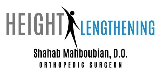 Logo for Height Lengthening featuring a stylized human figure, with the words 'Height' in gray, 'Lengthening' in blue, and the name Dr. Shahab Mahboubian, D.O., Orthopedic Surgeon.