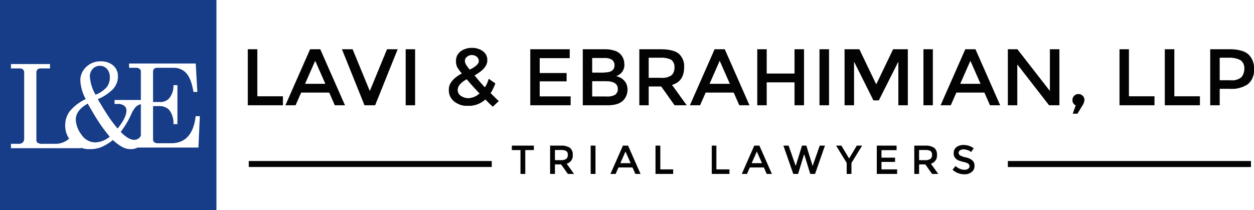 Lavi & Ebrahimian, LLP logo with blue square containing white initials L&E, and the text 'Lavi & Ebrahimian, LLP Trial Lawyers'.