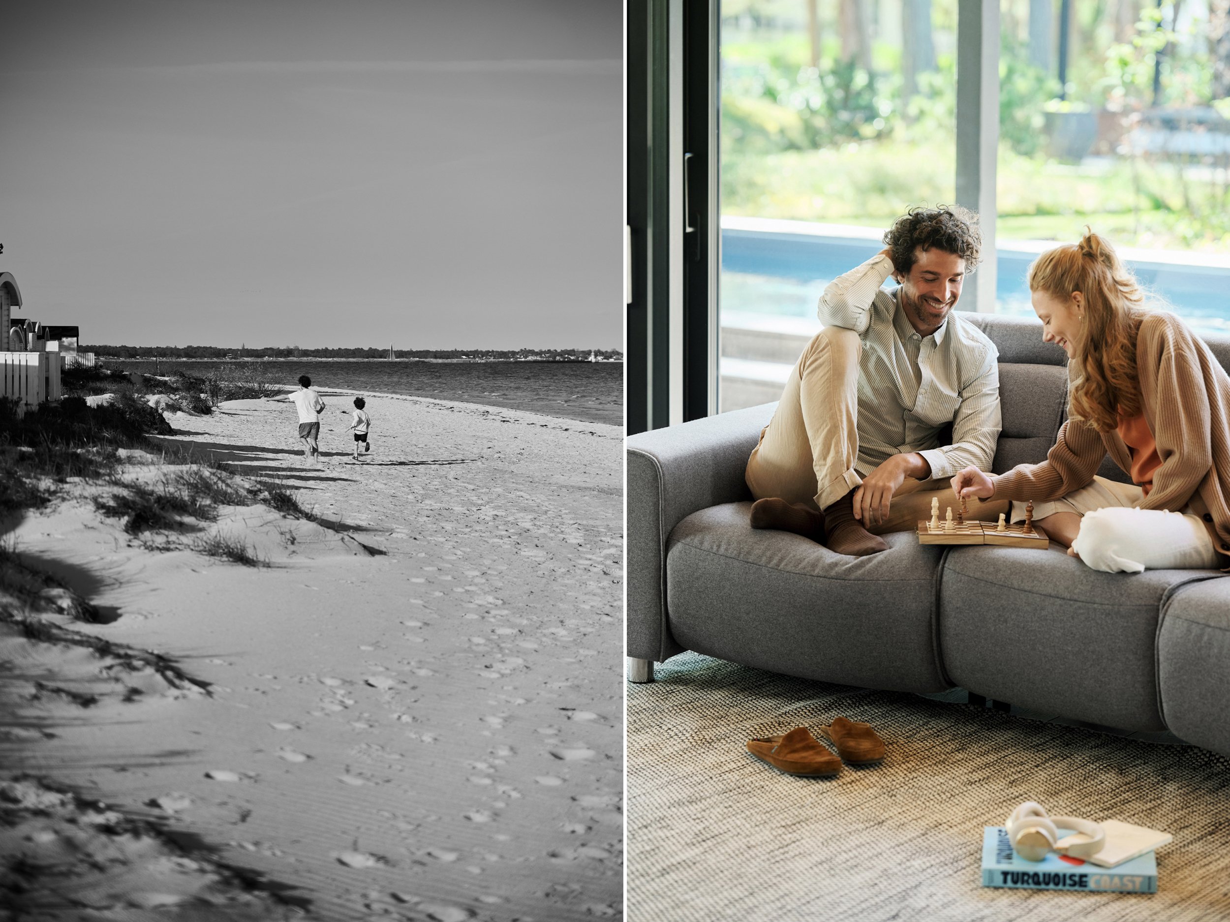 Left: Two people walking along beach, distant view in black and white
Right: Two people playing board game on sofa, social interaction indoors