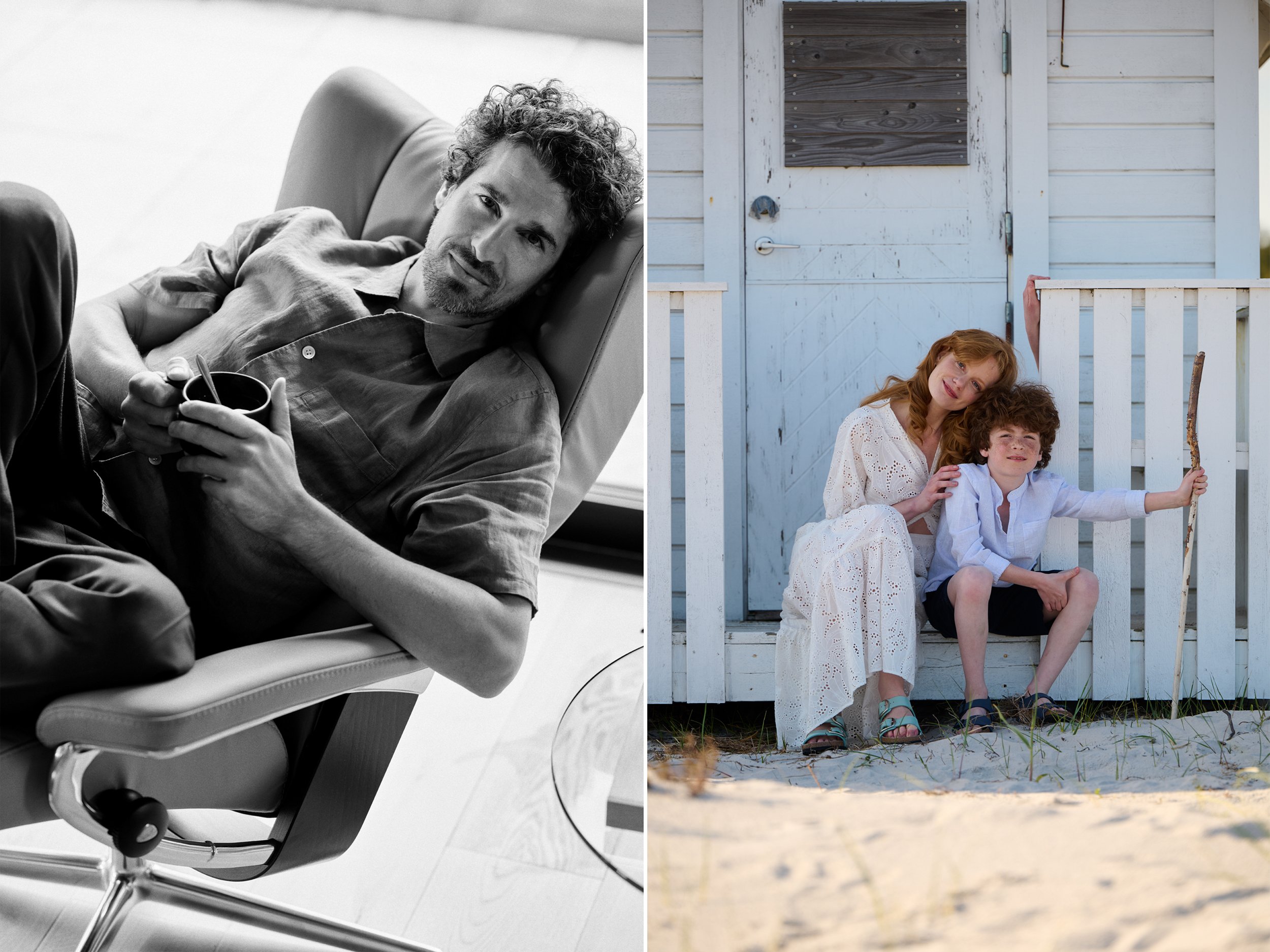 Left: Man reclining in lounge chair holding cup, relaxed indoor moment
Right: Adult and child sitting on porch by beach house, calm outdoor setting