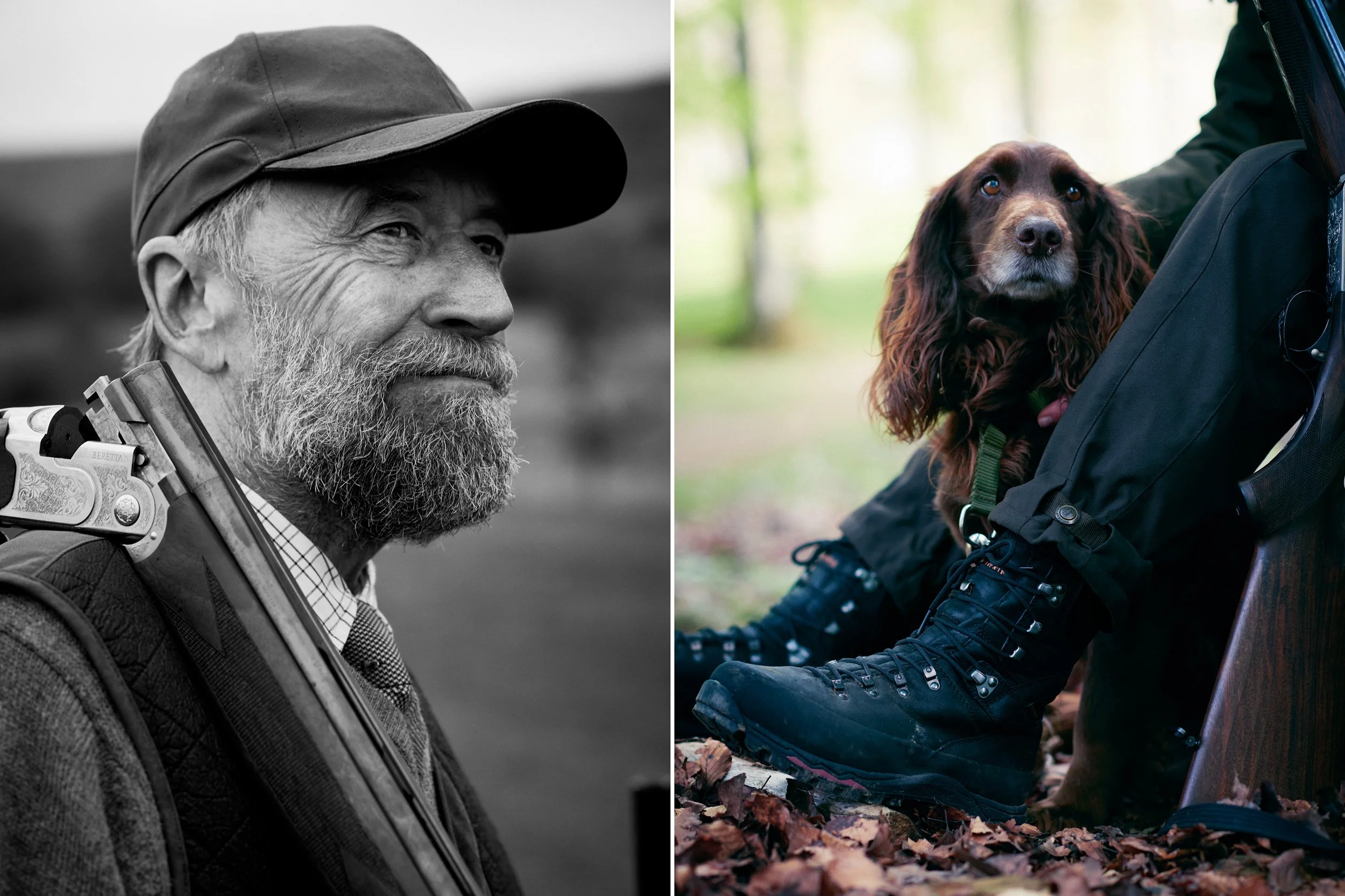 Left: Black and white portrait of older hunter with shotgun over shoulder
Right: Hunting dog sitting close to hunter’s legs in forest, attentive posture