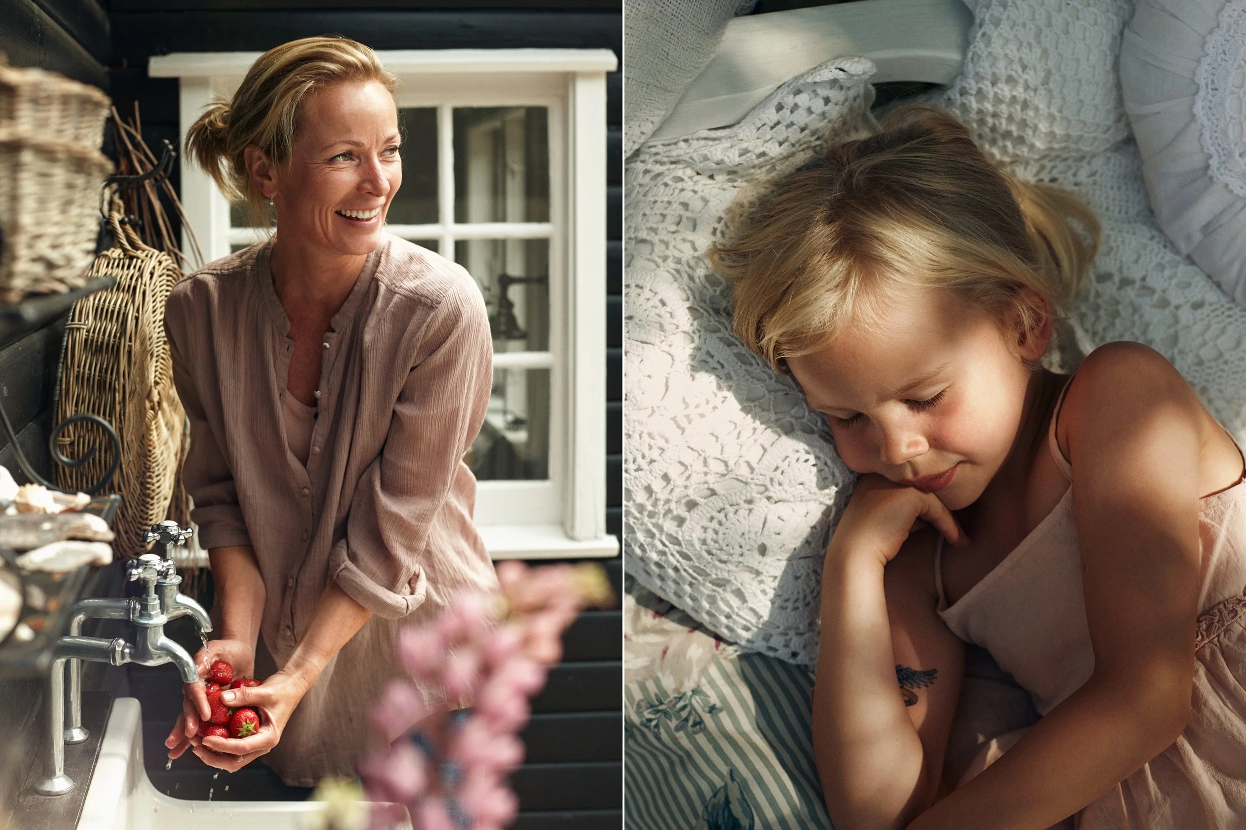 Left: Woman washing vegetables outdoors, everyday rural activity
Right: Child sleeping on blanket, calm outdoor moment