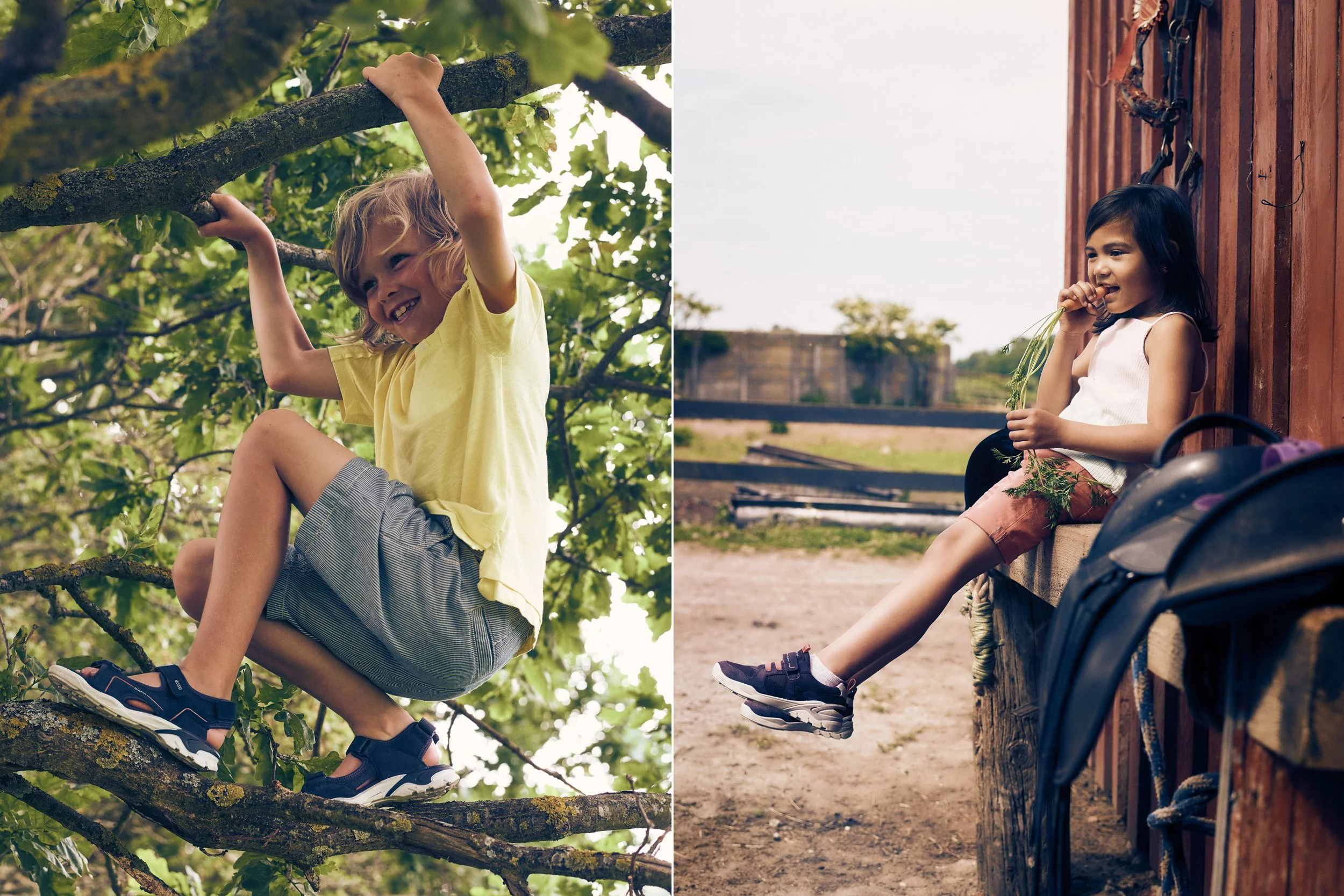 Left: Child climbing tree, outdoor play and movement — Right: Child sitting on farm equipment eating greens, rural environment