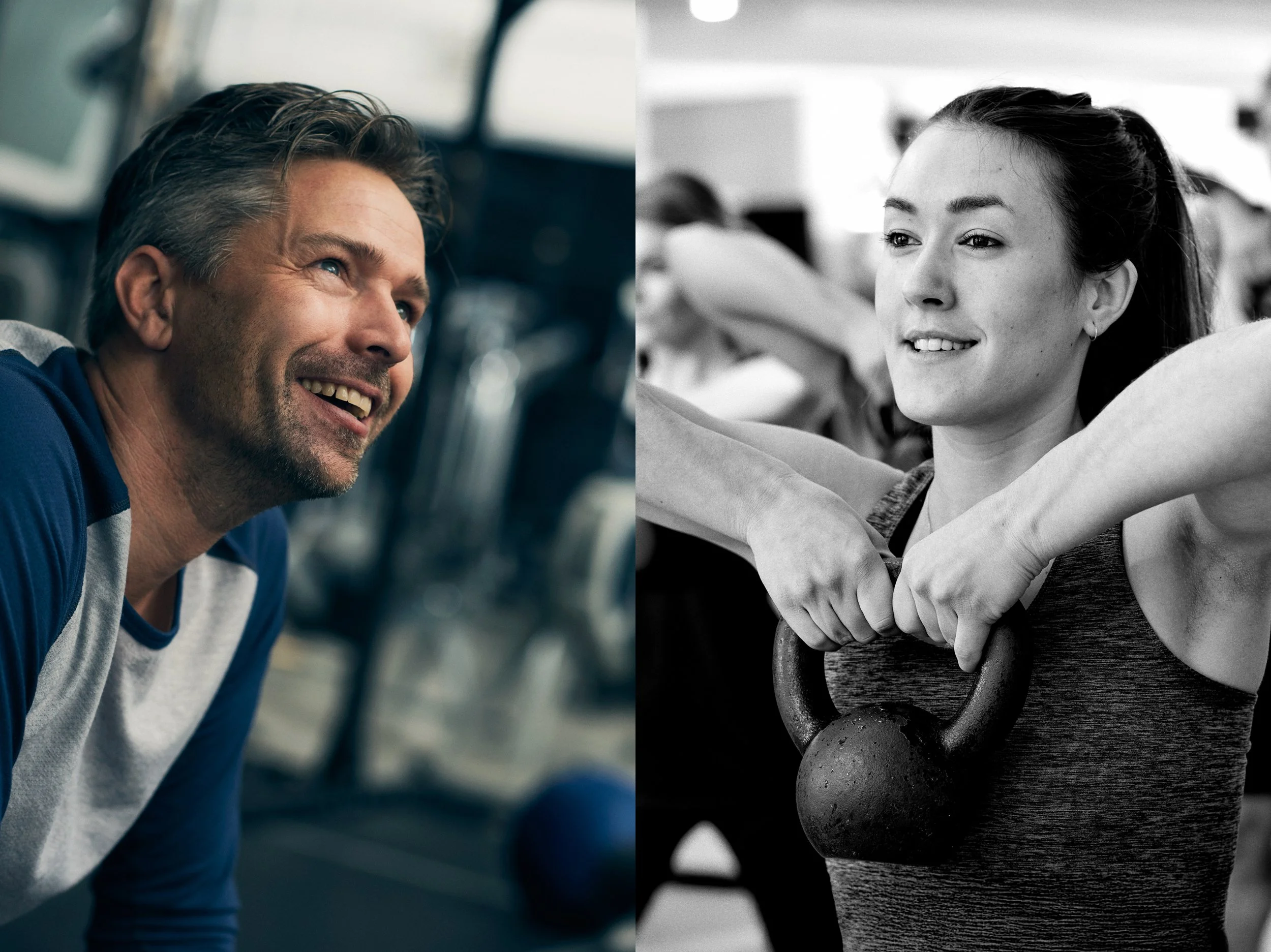 Left: Man smiling during workout break, relaxed moment — Right: Woman lifting kettlebell, controlled strength exercise